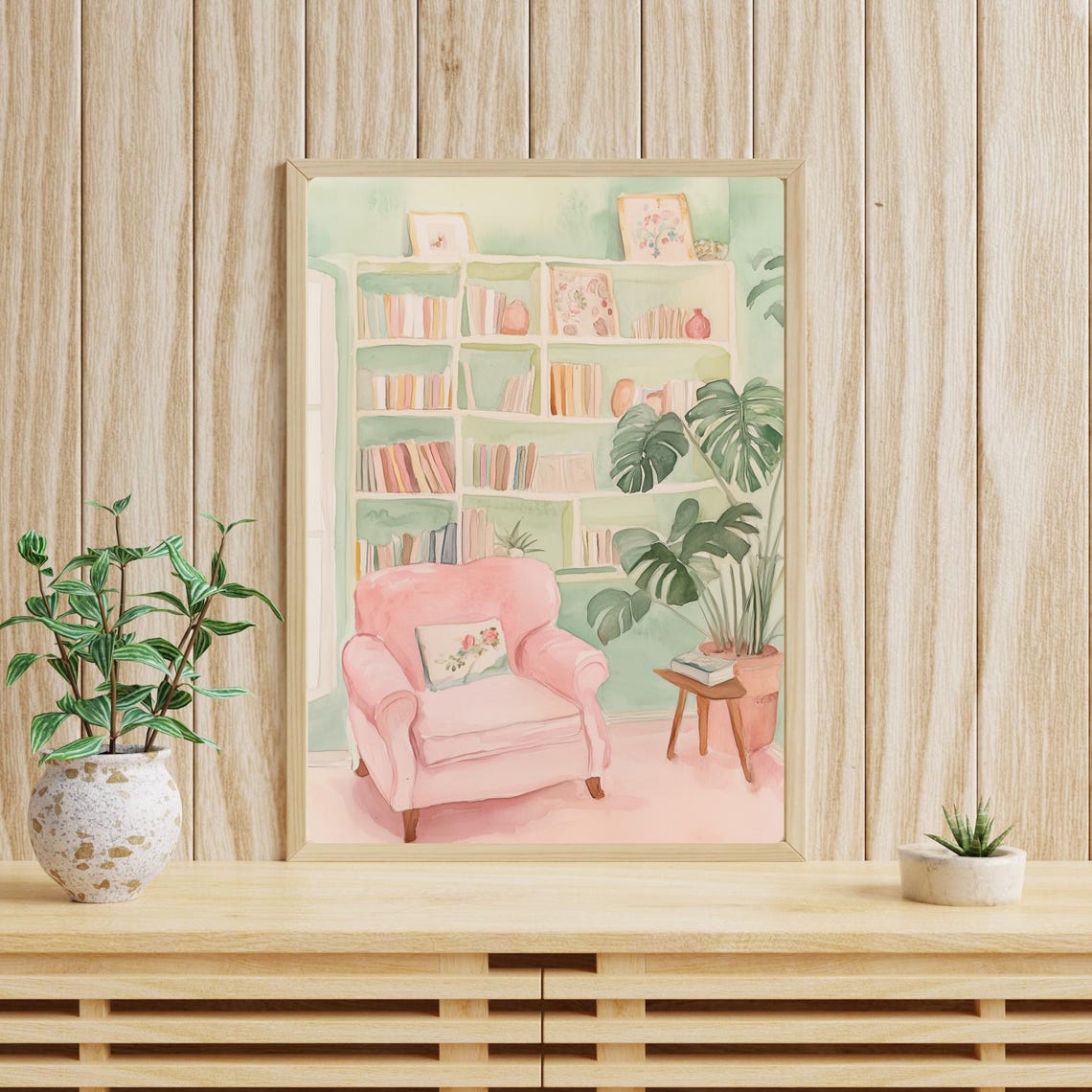 Cozy Pink Reading Nook with Armchair and White Bookshelf Poster - Image 4
