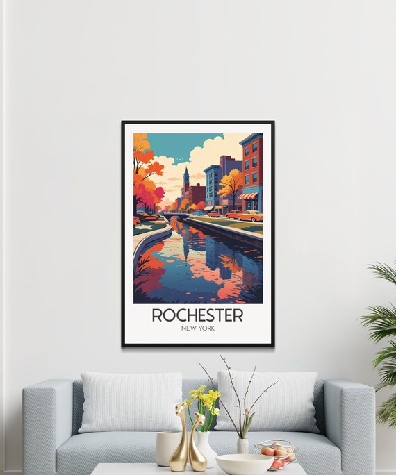 Rochester New York Autumn Canal Reflections Retro Travel Poster