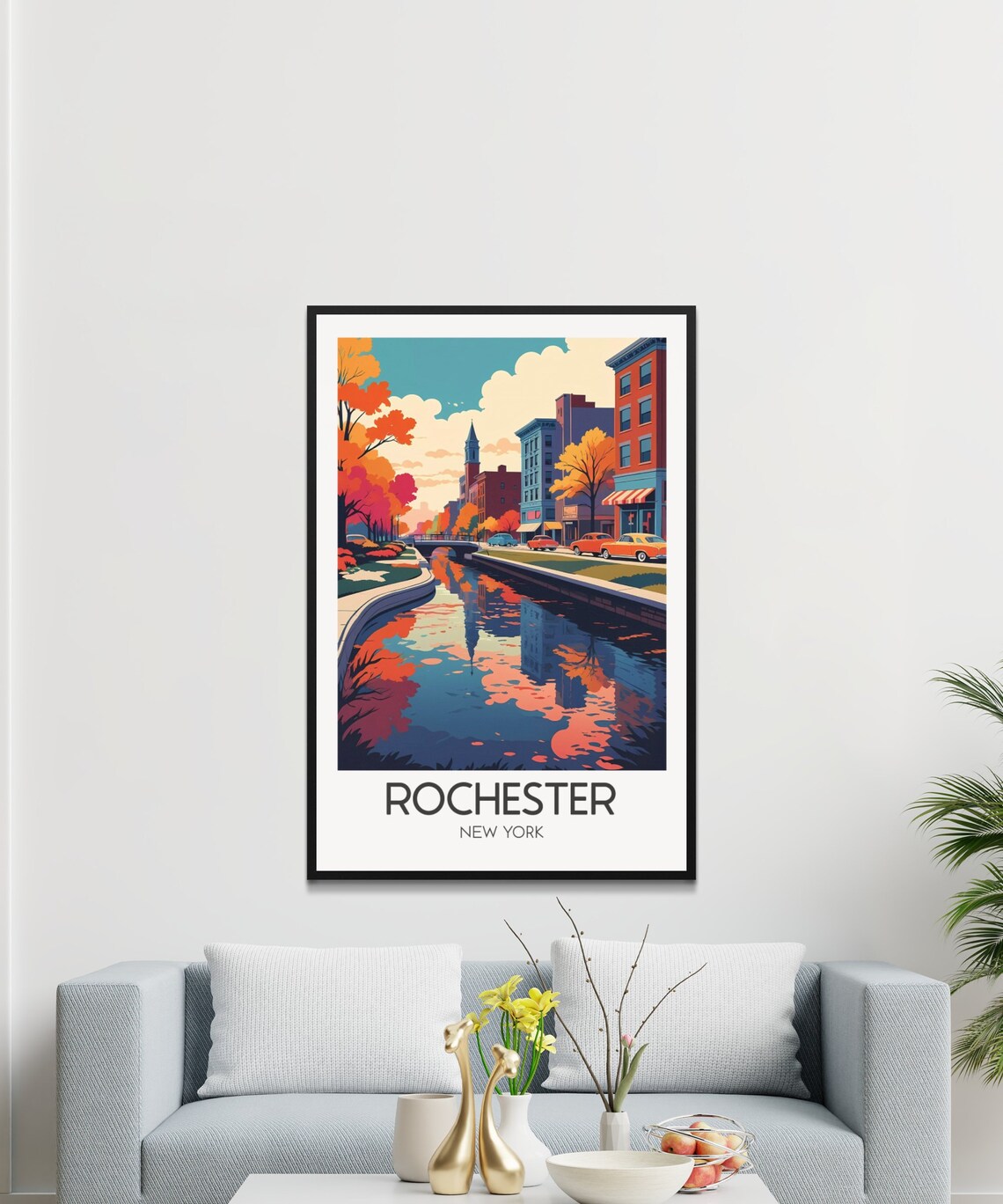 Rochester New York Autumn Canal Reflections Retro Travel Poster