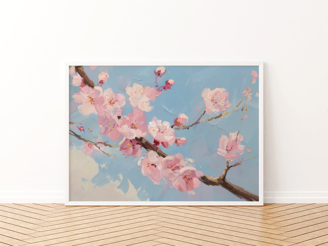 Cherry Blossom Print, Girly Pink and Blue Decor - Image 3