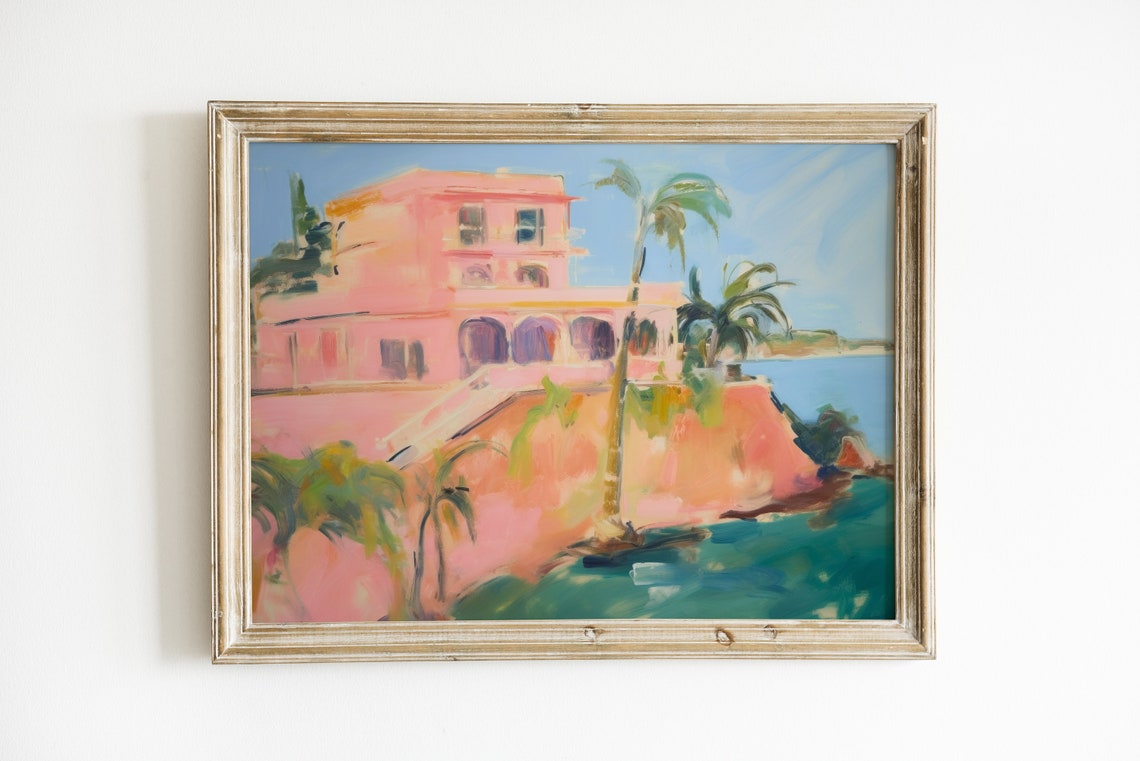Dreamy Pink Cliffside Villa Palms Sea Watercolor Coastal Print