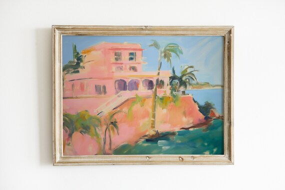 Dreamy Pink Cliffside Villa Palms Sea Watercolor Coastal Print
