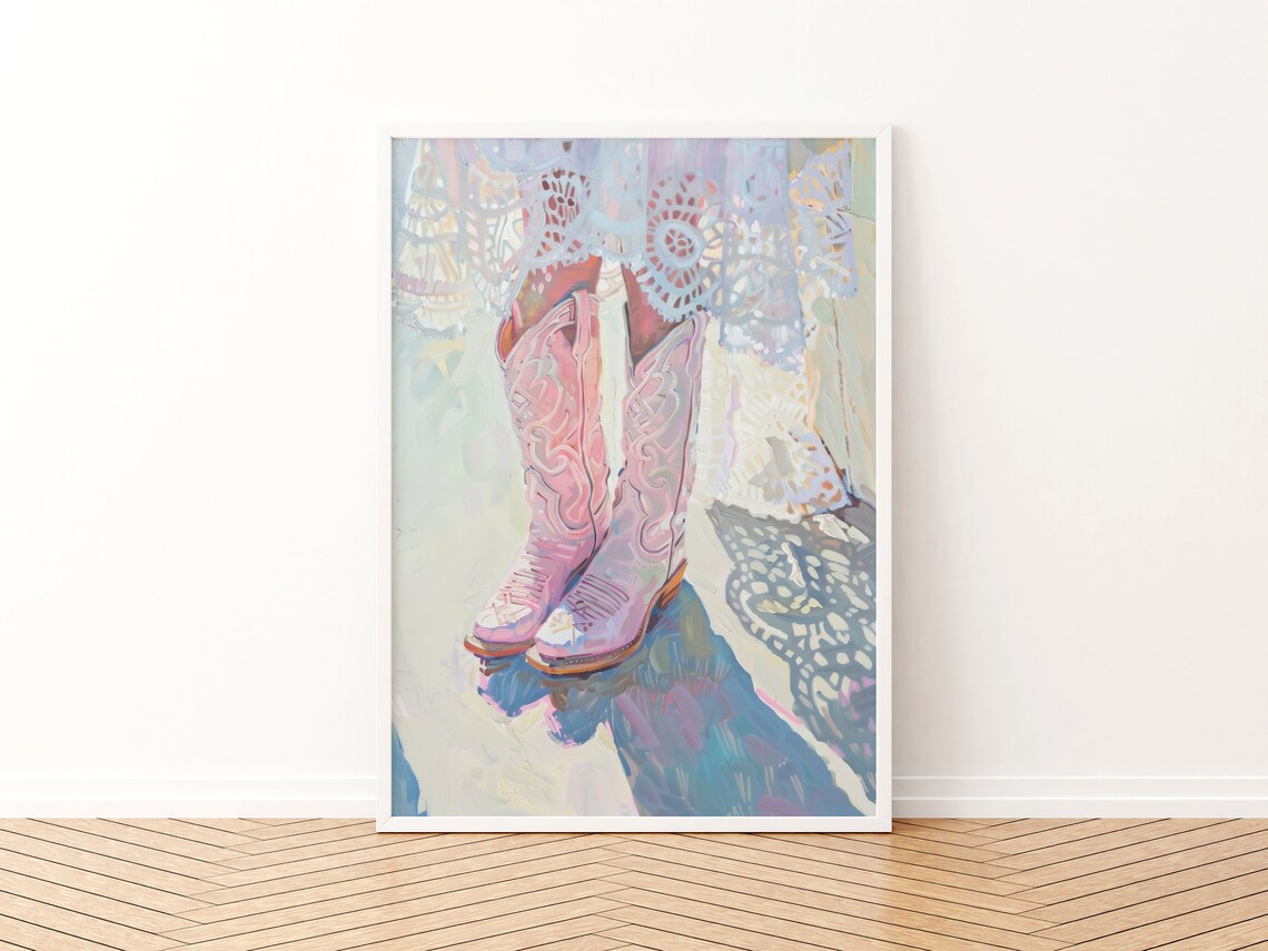 Preppy Pastel Pink Cowboy Boot Art Print - Image 3