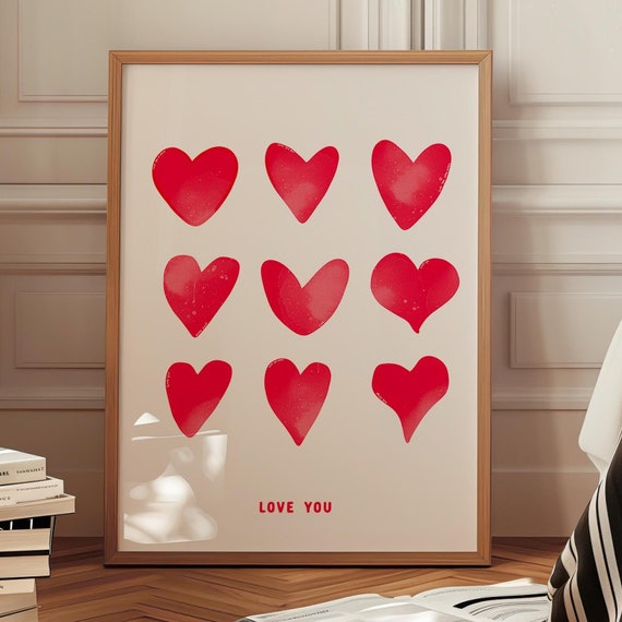 Red Hearts Love You Poster Abstract Hand Drawn Prints Cute Room Decor Girly College Dorm Y2k Wall Art