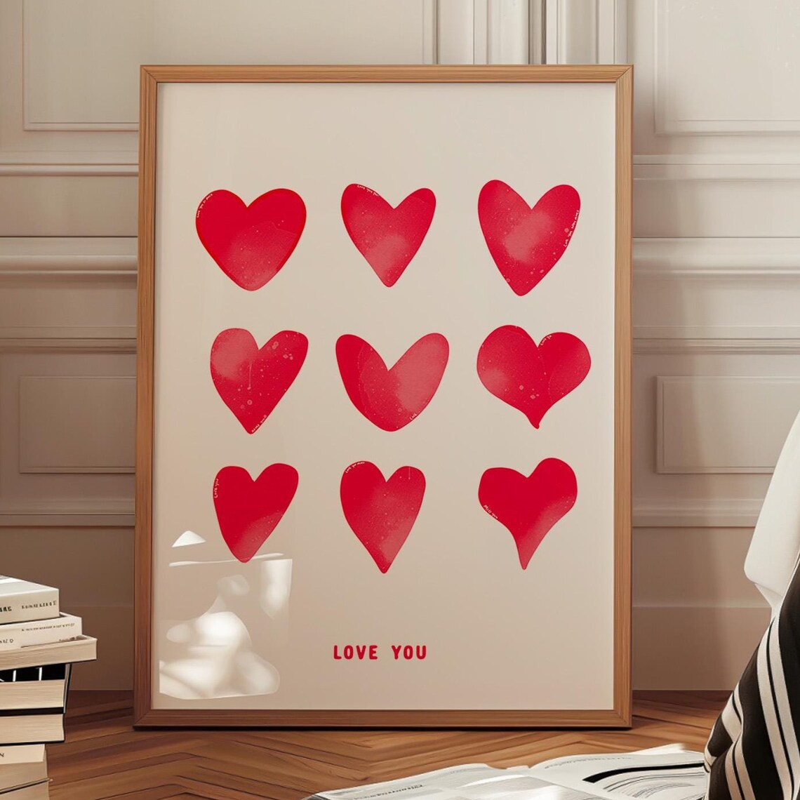 Red Hearts Love You Poster Minimalist Valentine Grid Wall Decor