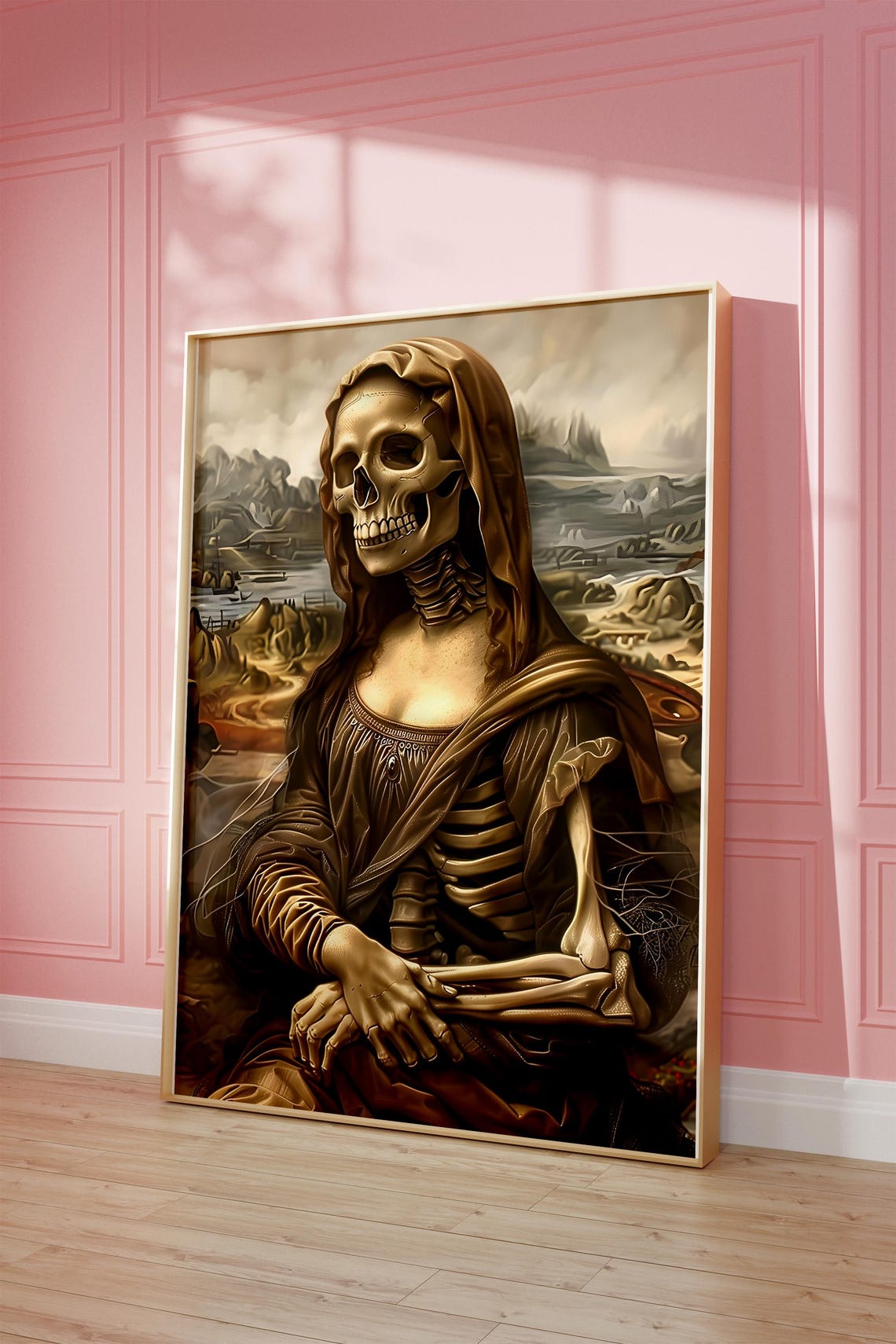 Skeleton Mona Lisa Parody Gothic Dark Academia Halloween Poster - Image 4