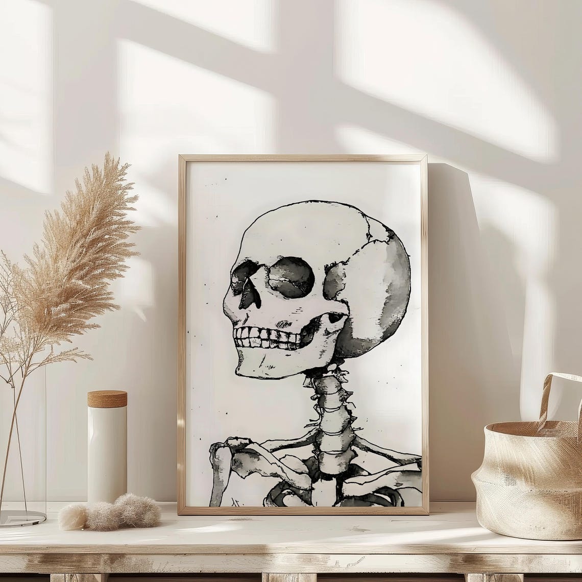 Black Ink Skeleton Skull Drawing Anatomical Halloween Art Poster - Image 2