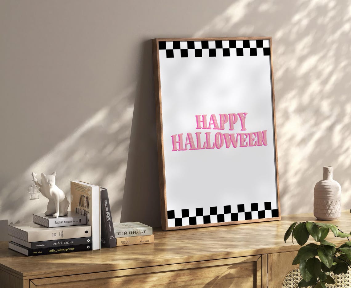 Pink Happy Halloween Checkered Border Cute Retro Typography Poster