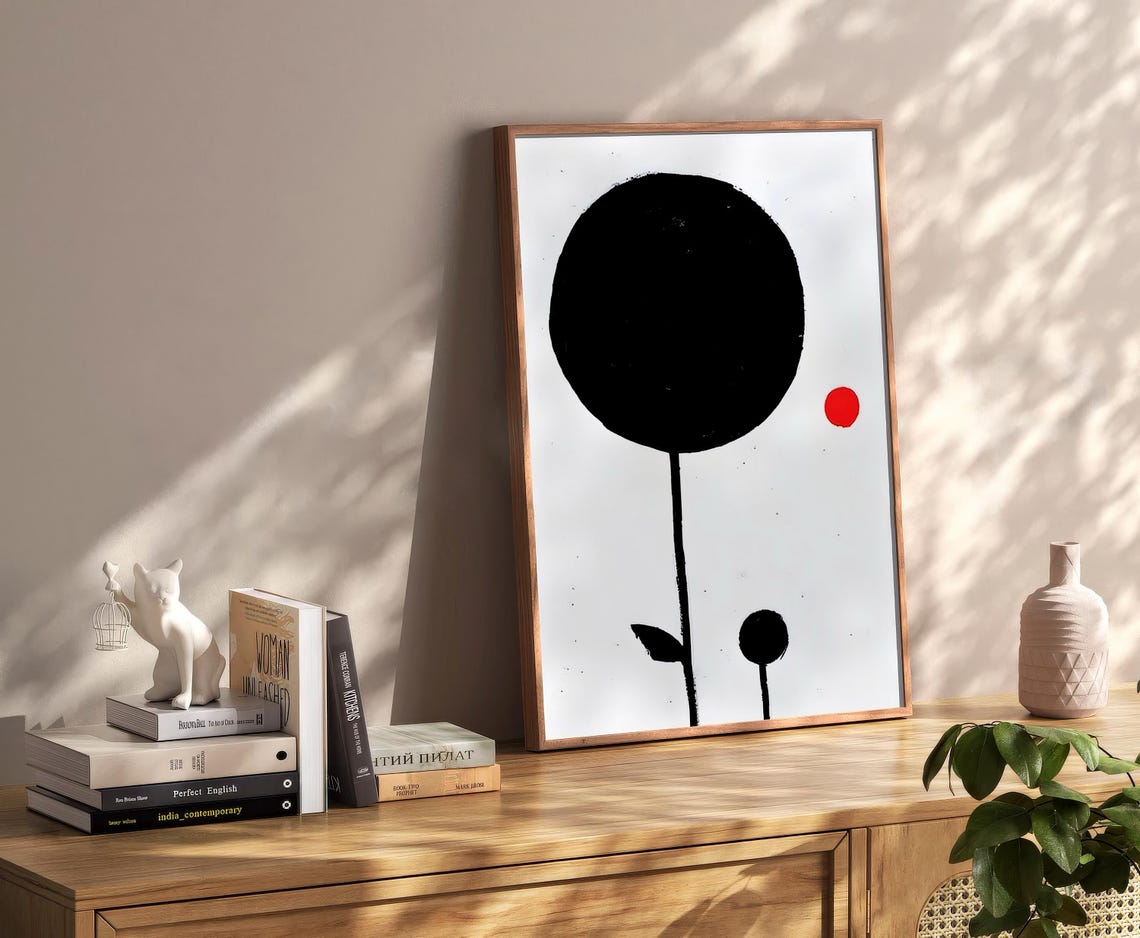 Bold Black Flower Red Dot Accent Minimalist Modern Art Poster - Image 2