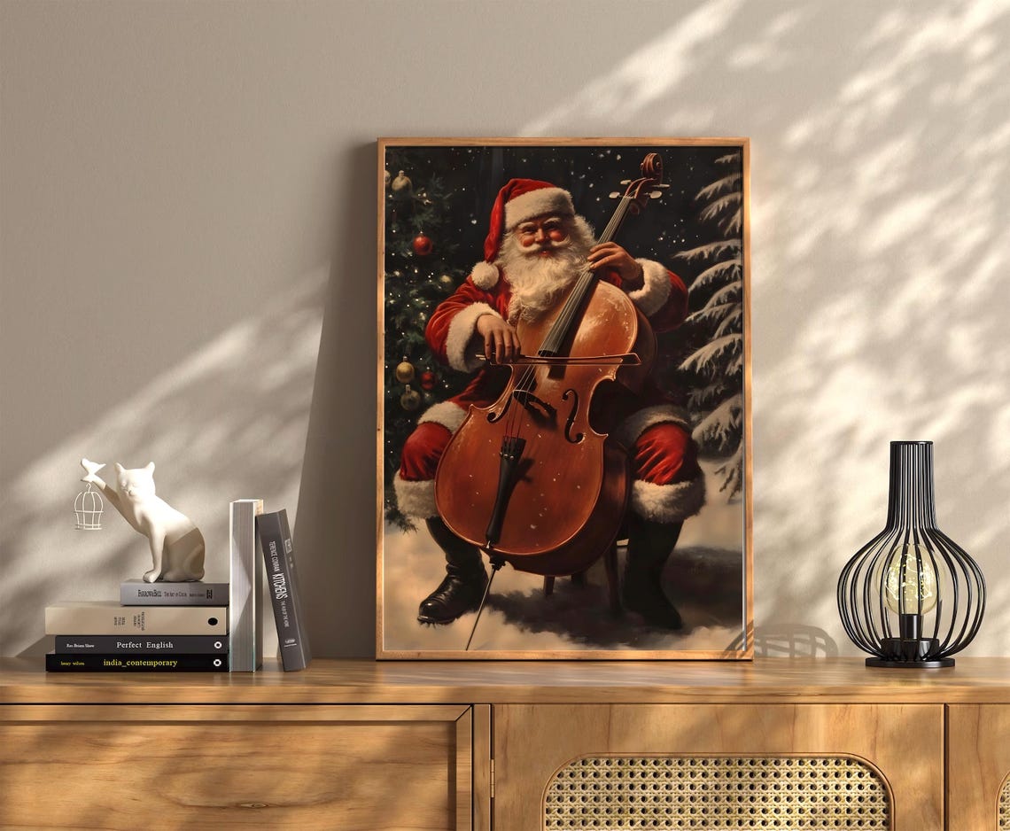 Vintage Santa Claus Playing Cello Snowy Holiday Christmas Wall Art - Image 2