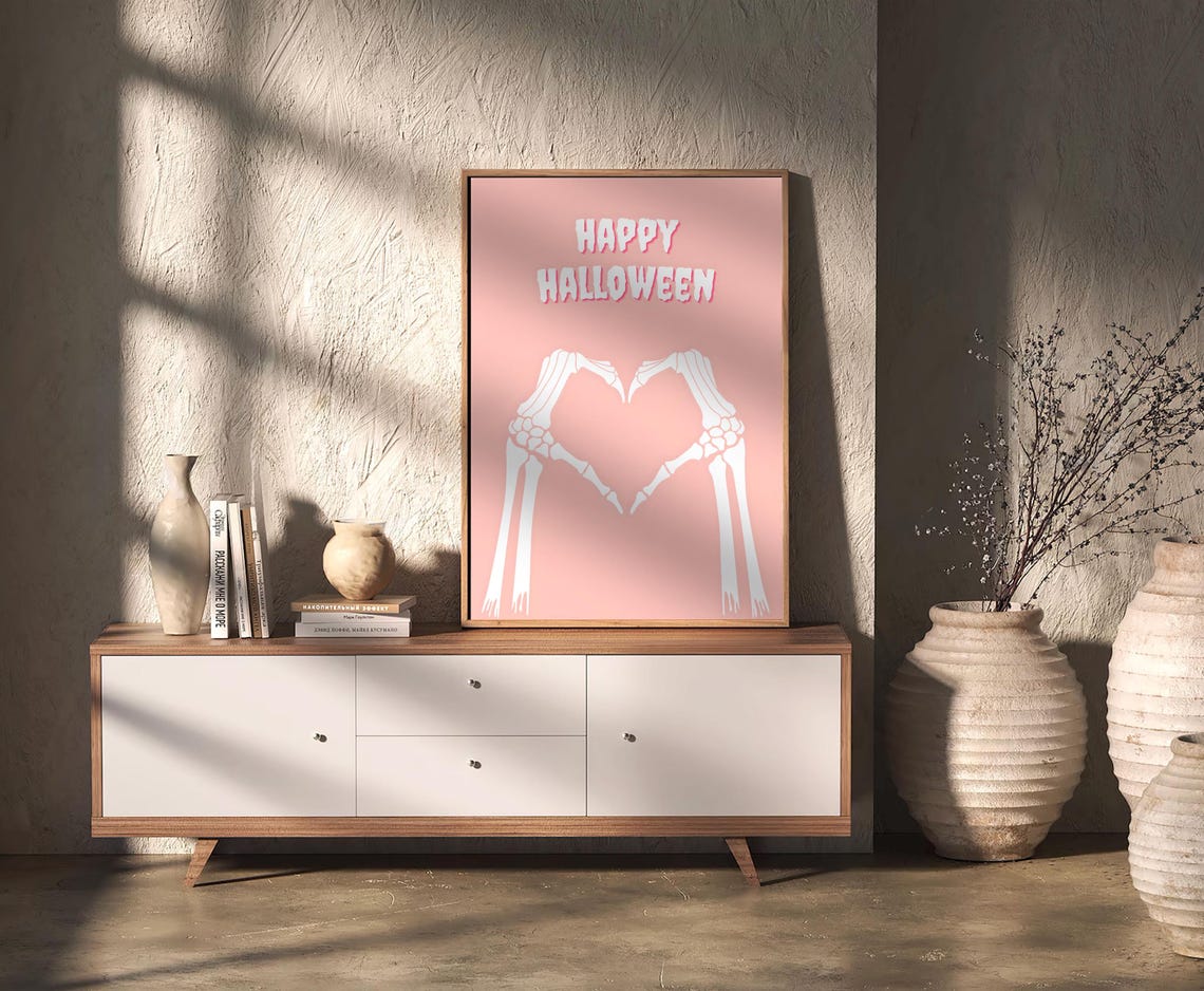 Happy Halloween Skeleton Heart Hands Cute Pink Spooky Decor Poster - Image 2