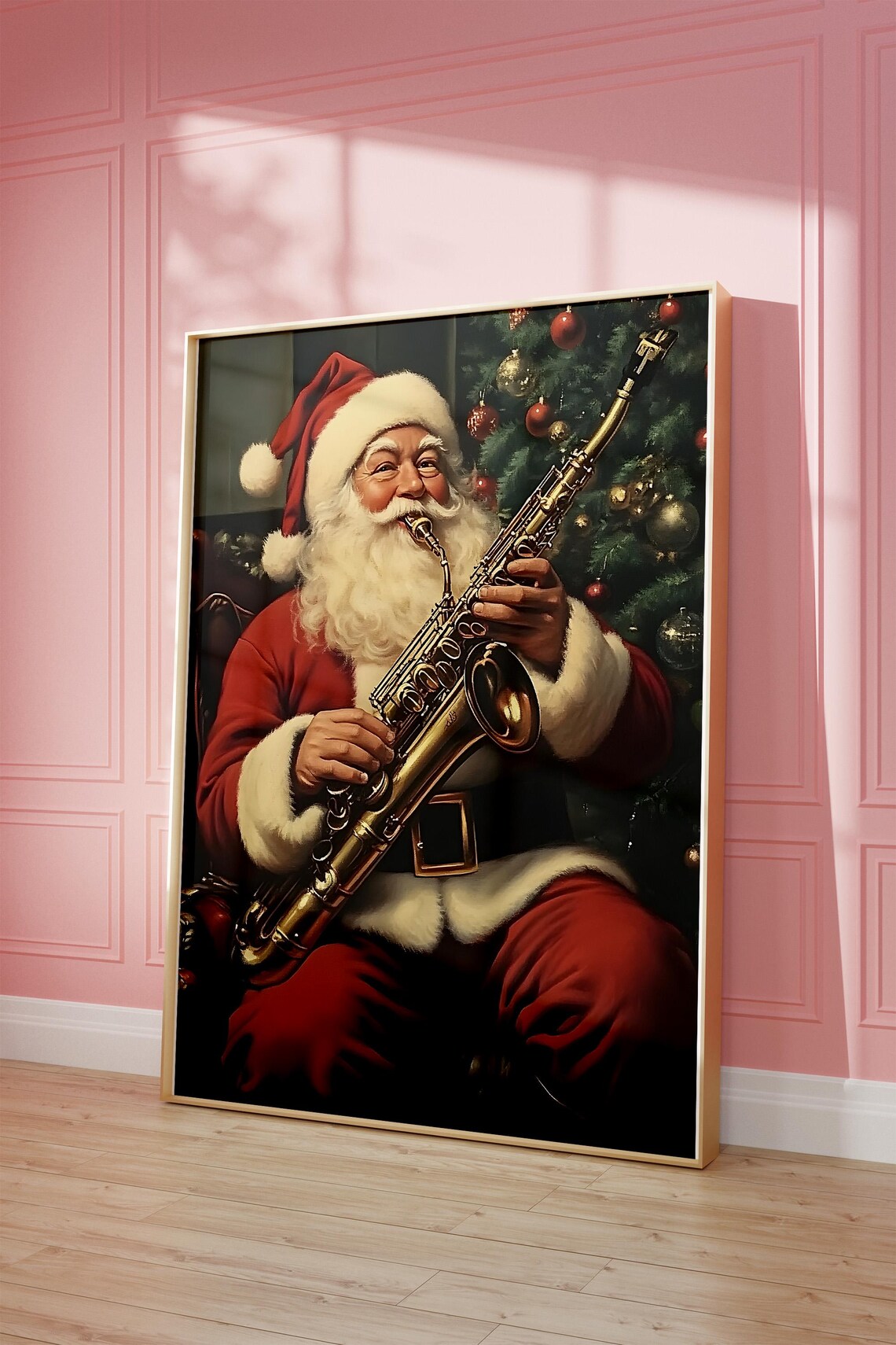 Santa Playing Saxophone By Christmas Tree Cozy Holiday Art Poster - Image 3