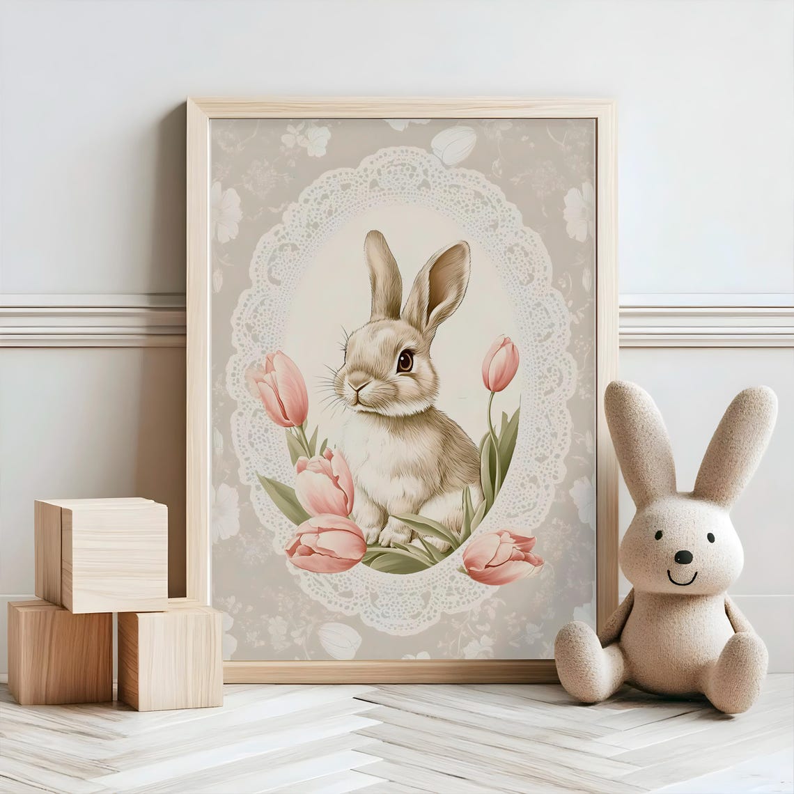 Sweet Vintage Bunny Tulips Floral Lace Cameo Spring Nursery Poster - Image 2