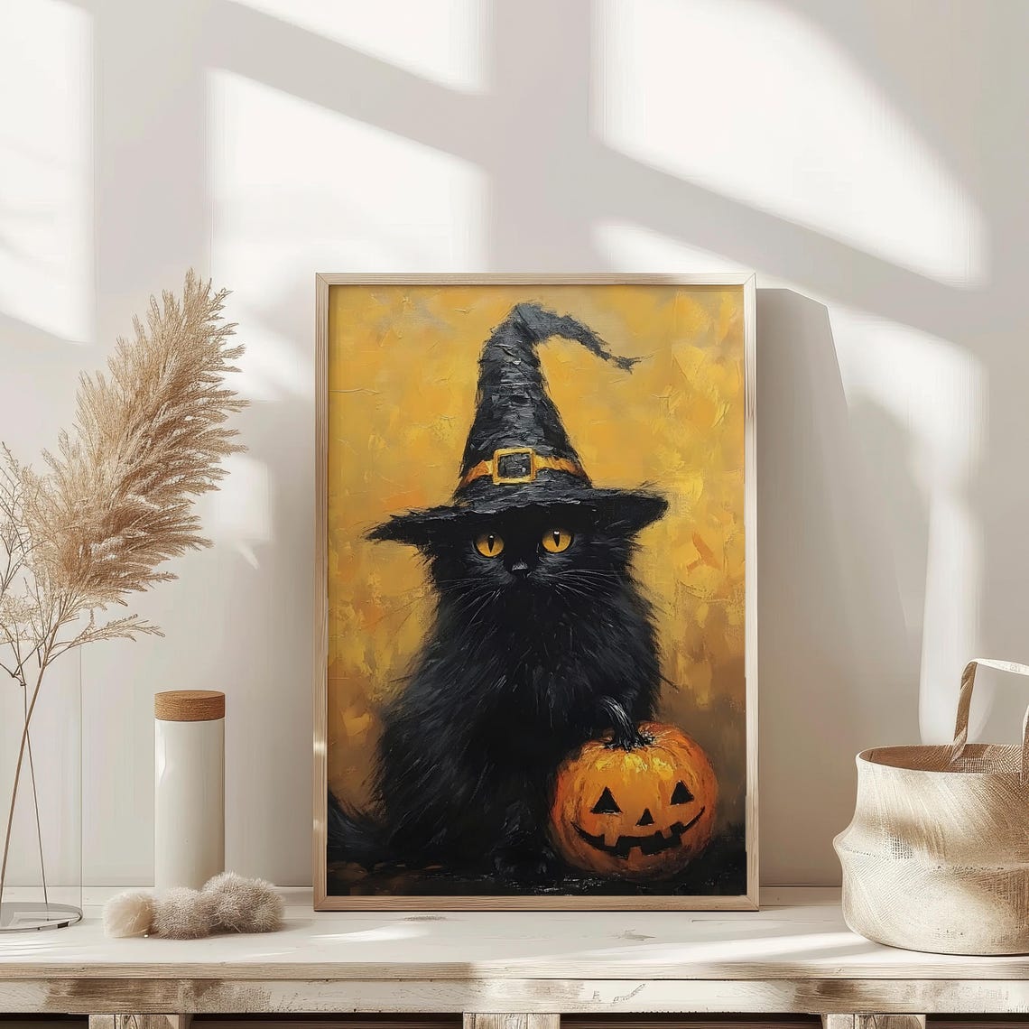 Black Cat In Witch Hat With Pumpkin Vintage Halloween Poster - Image 4