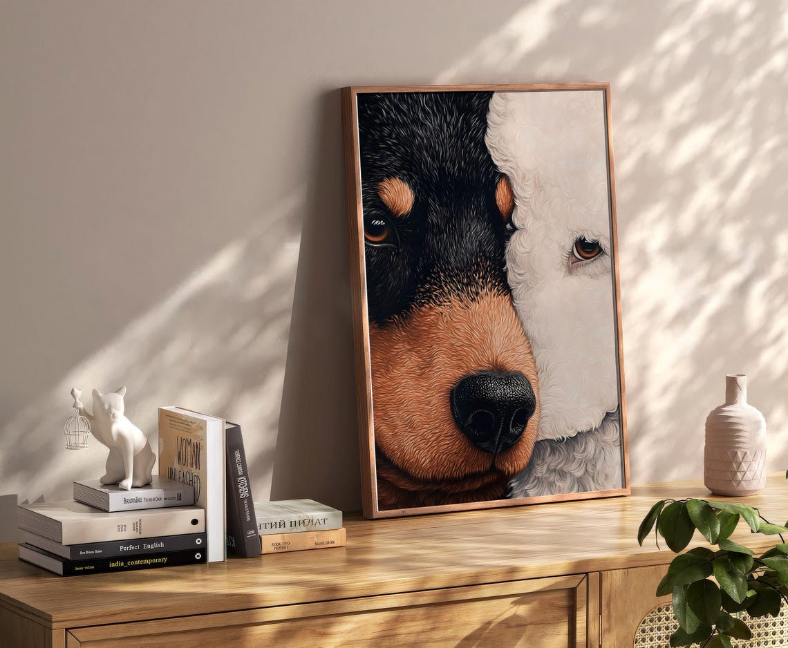 Split Face Rottweiler And White Poodle Close Up Painting Poster - Image 2