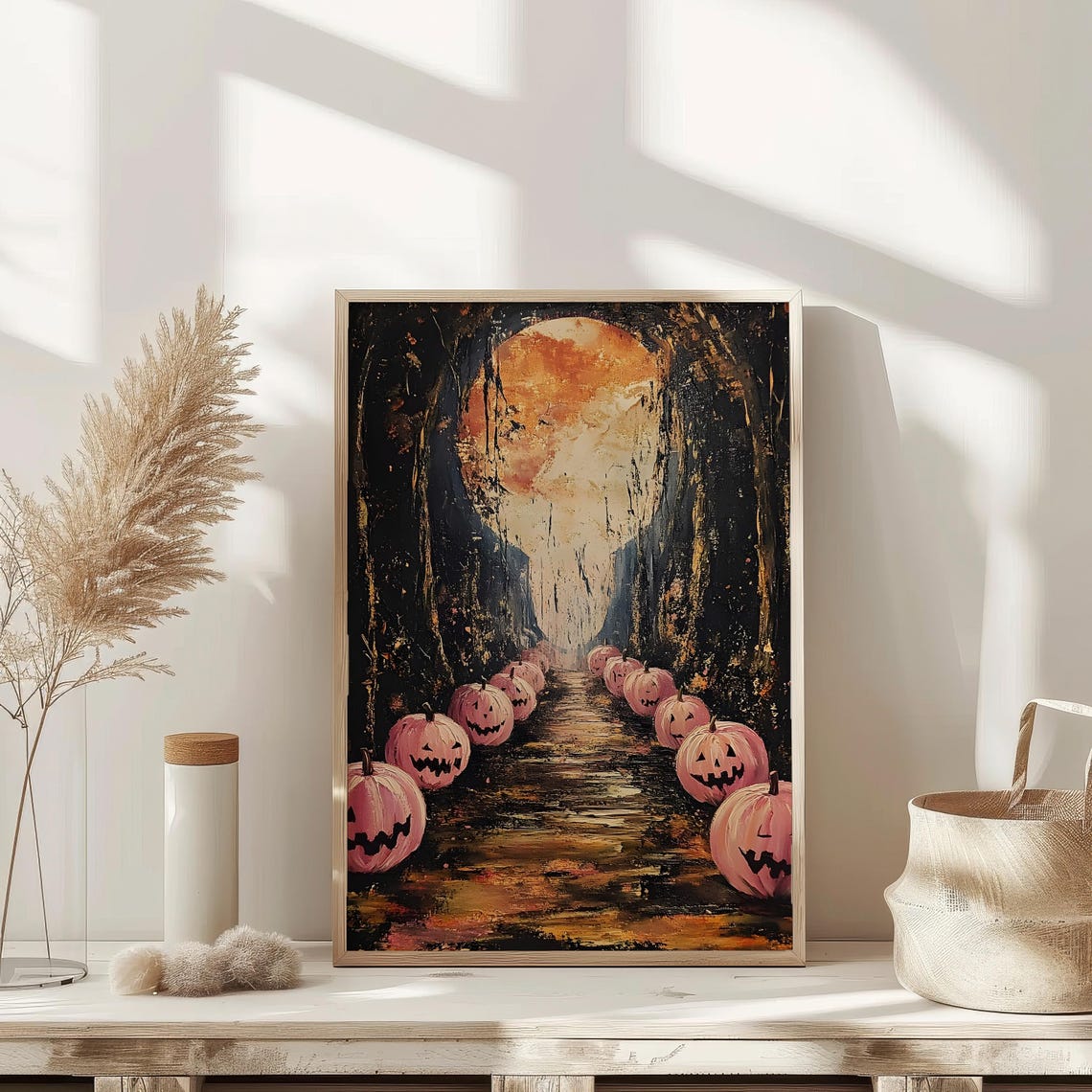 Pink Jack O Lantern Path Leading To Moonlit Cave Halloween Art Poster - Image 2