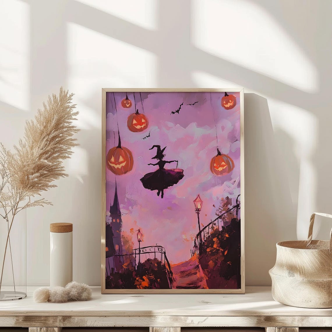Flying Witch Purple Night Sky Hanging Pumpkins Halloween Poster - Image 3