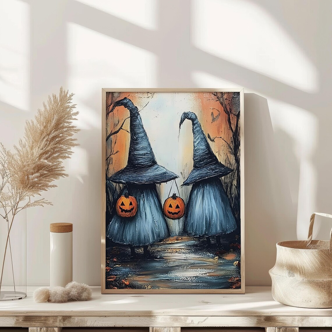 Two Little Witches Pumpkin Buckets Autumn Woods Painting Poster - Image 2