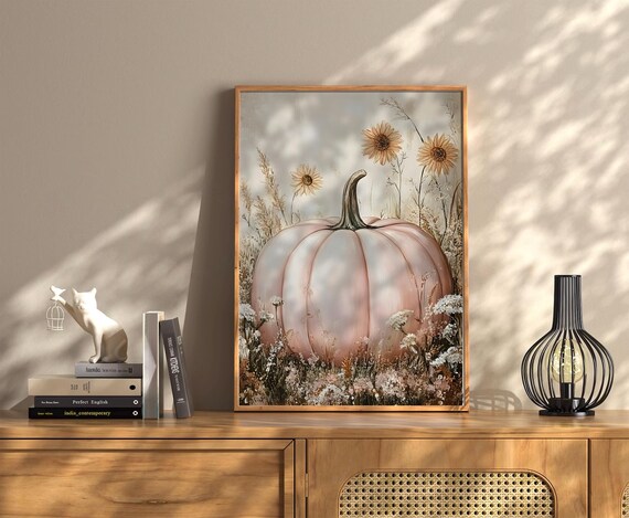 Pink Pumpkin Watercolor Wildflowers Fall Halloween Vintage Print