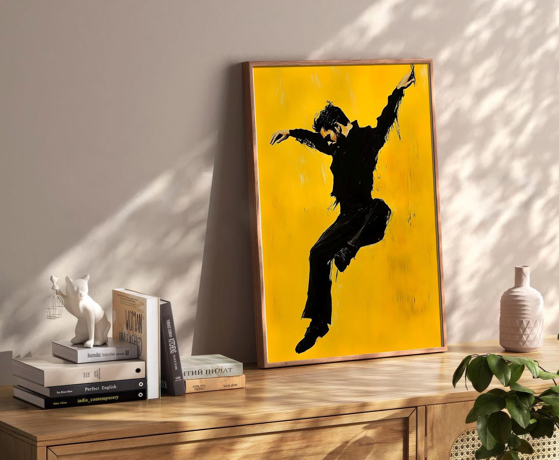 Leaping Dancer Silhouette Bold Yellow Painted Movement Poster - Image 2