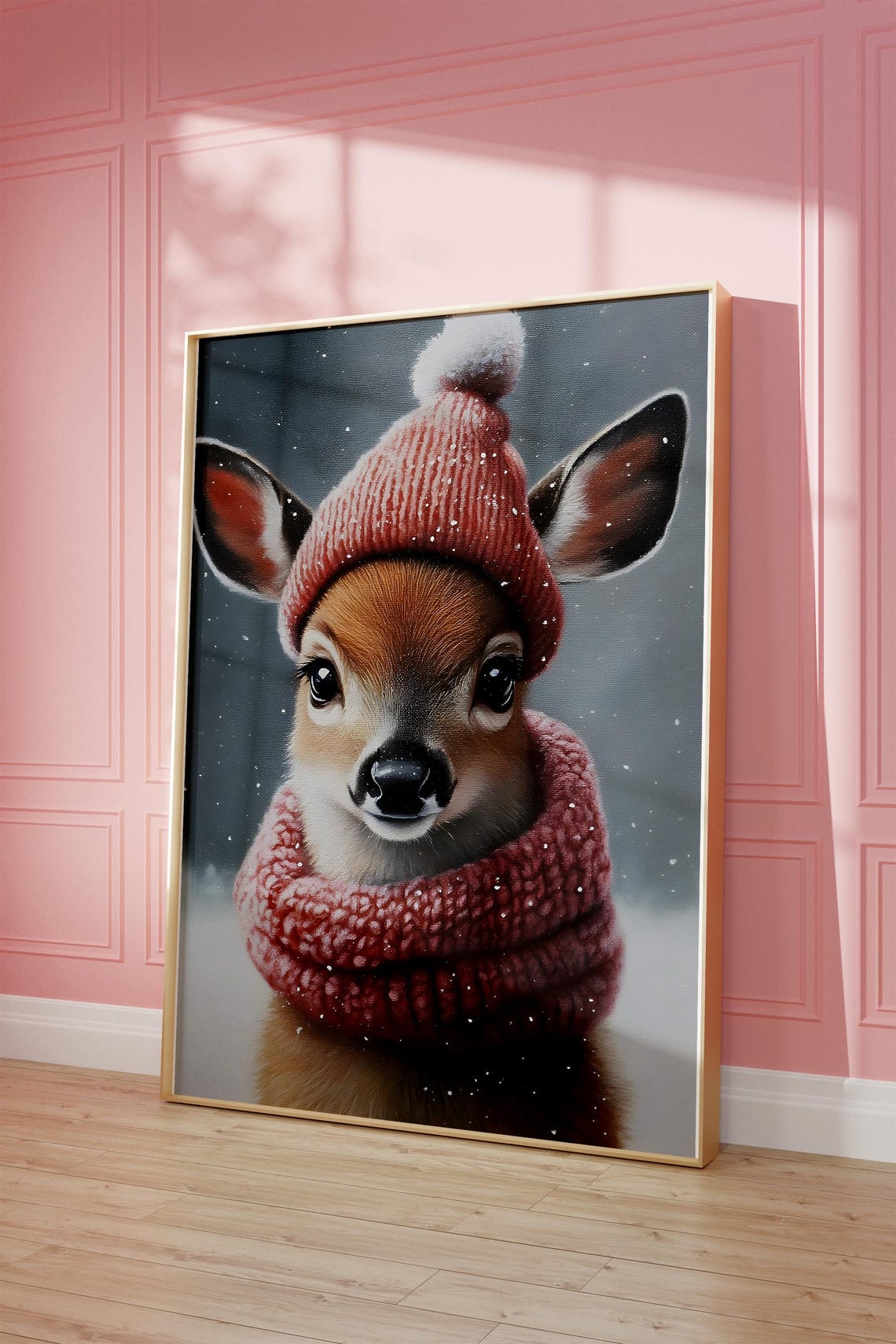 Baby Deer in Red Knit Hat and Scarf Snowy Christmas Fawn Art Poster - Image 3