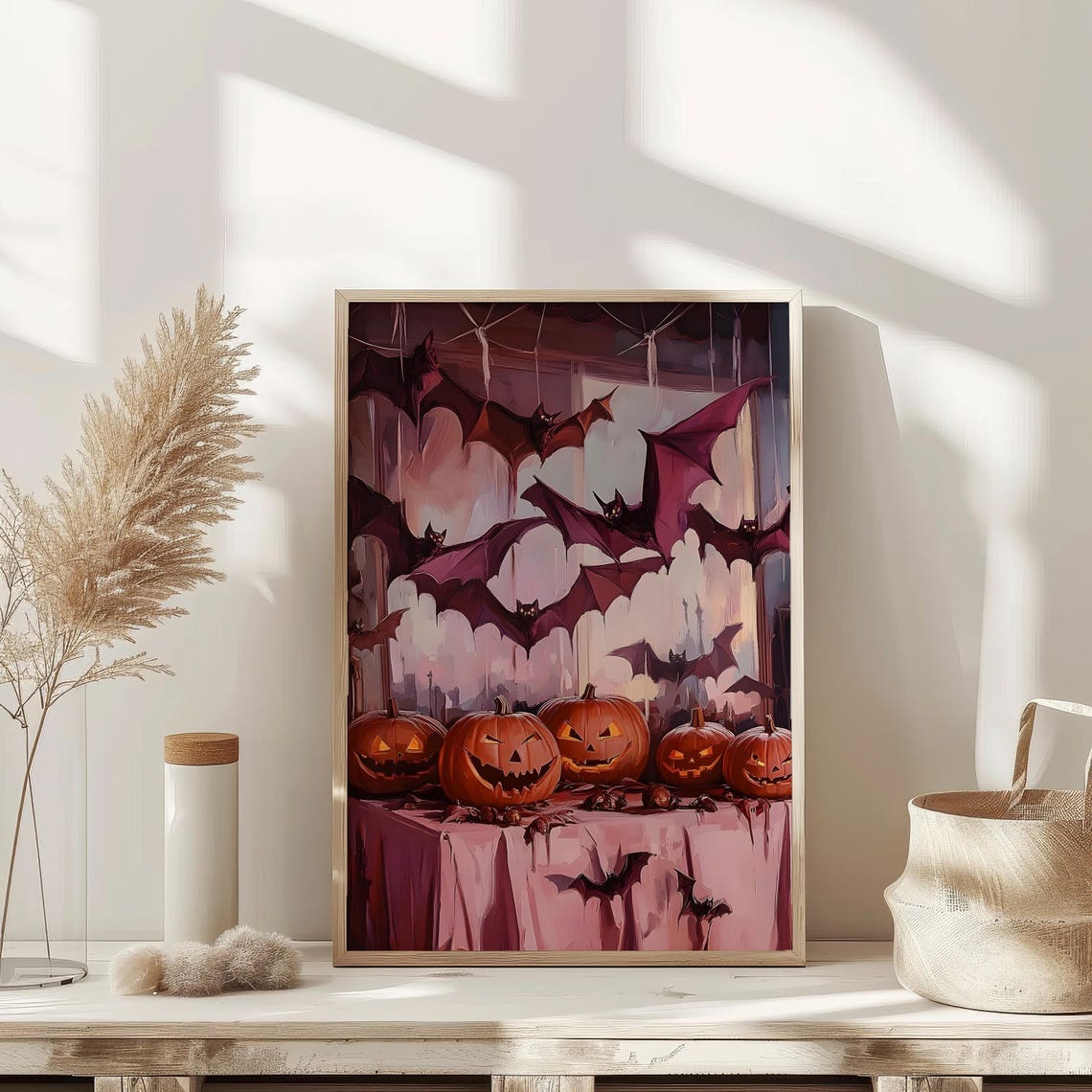 Spooky Bats and Jack O Lanterns Purple Gothic Halloween Art Poster - Image 3