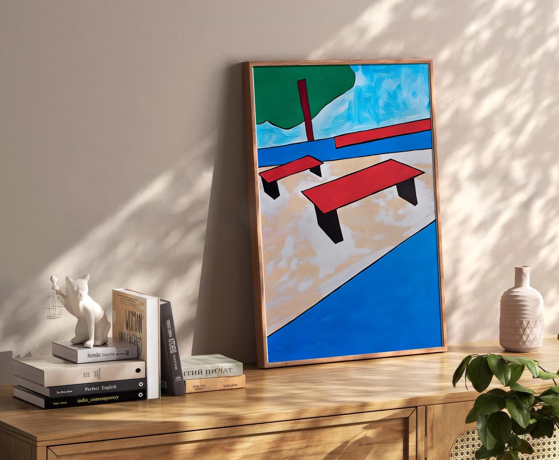 Abstract Red Benches By The Sea Geometric Coastal Art Poster - Image 2