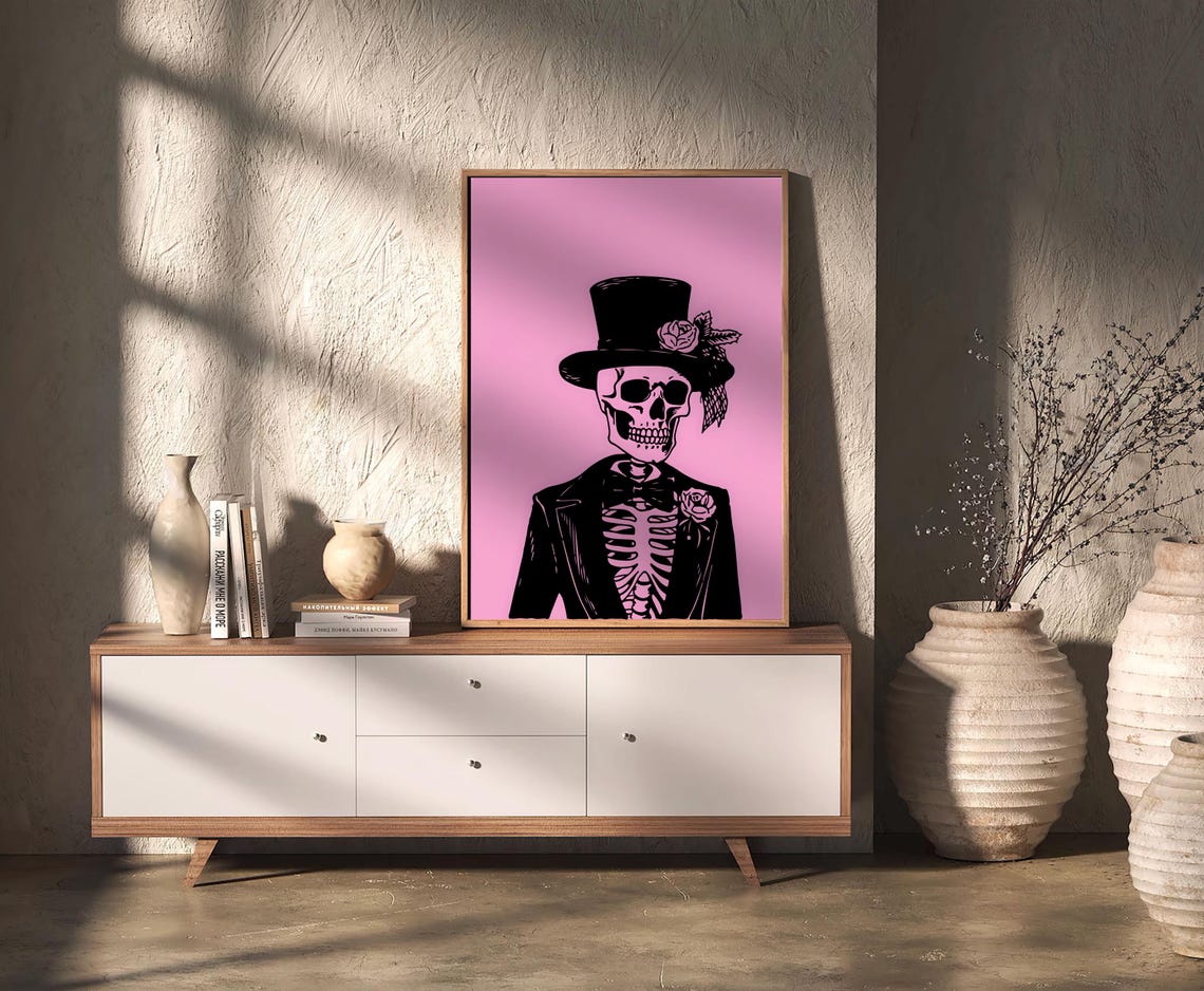 Bold Skeleton Bride With Top Hat on Pink Gothic Pop Art Poster - Image 3