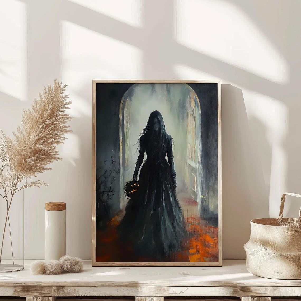 Gothic Veiled Woman Pumpkin Bouquet Dark Elegant Halloween Poster - Image 2