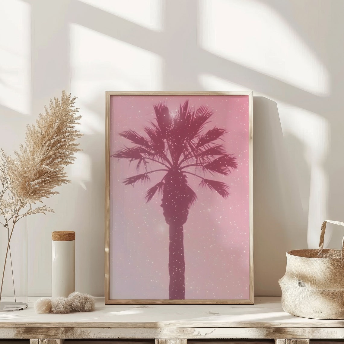 Pink Palm Tree Sparkle Dreamy Monochrome Tropical Photography Poster