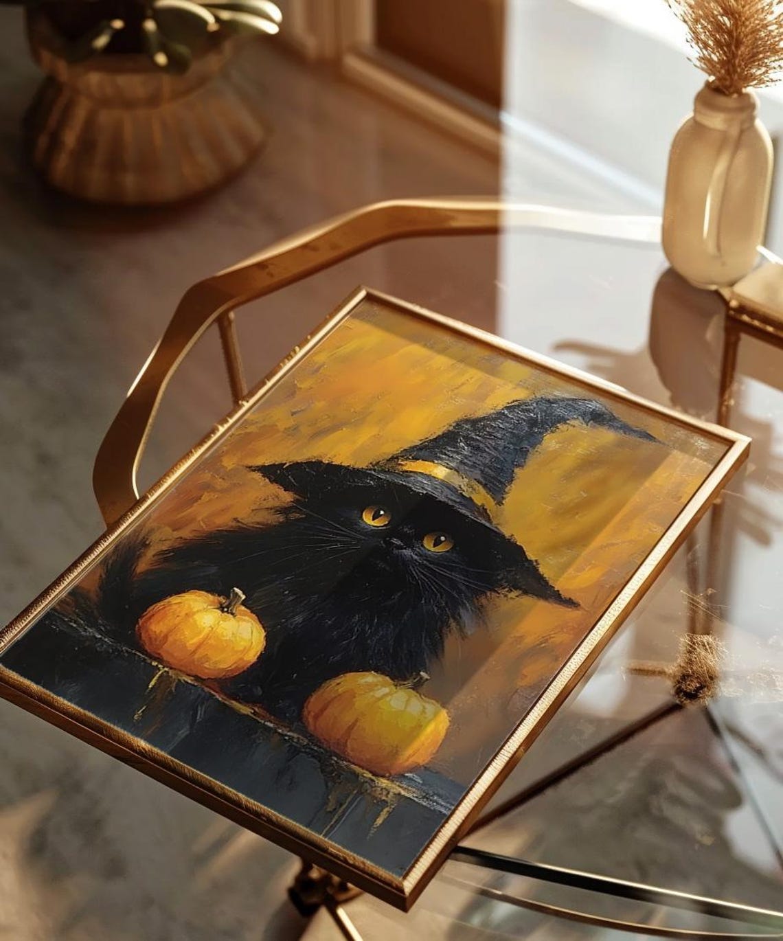 Halloween Black Cat Witch Hat Pumpkins Vintage Oil Painting Poster - Image 3