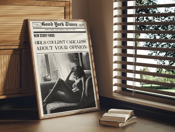 Girls Couldnt Care Less Trendy New York Newspaper Print Vintage Bar Cart Retro Wall Art Newspaper Headline Poster College Apartment Decor