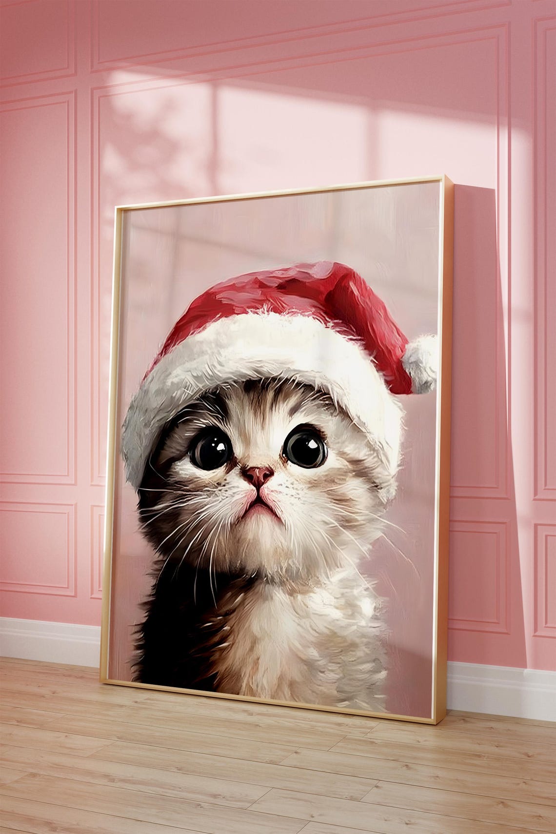 Christmas Kitten Santa Hat Cute Holiday Cat Watercolor Art Poster - Image 3