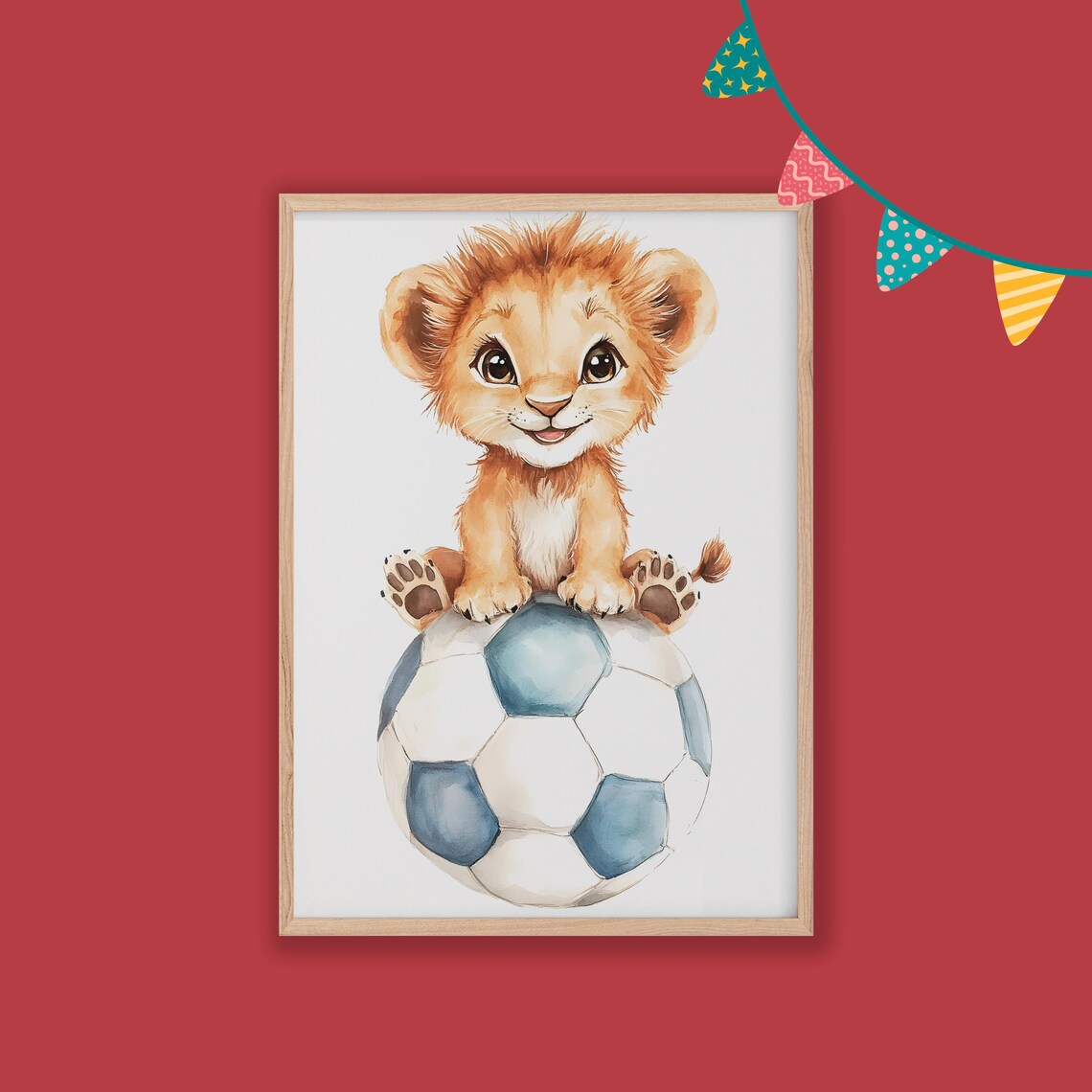 Cute Lion Cub Soccer Ball Watercolor Baby Nursery Art Poster - Image 2