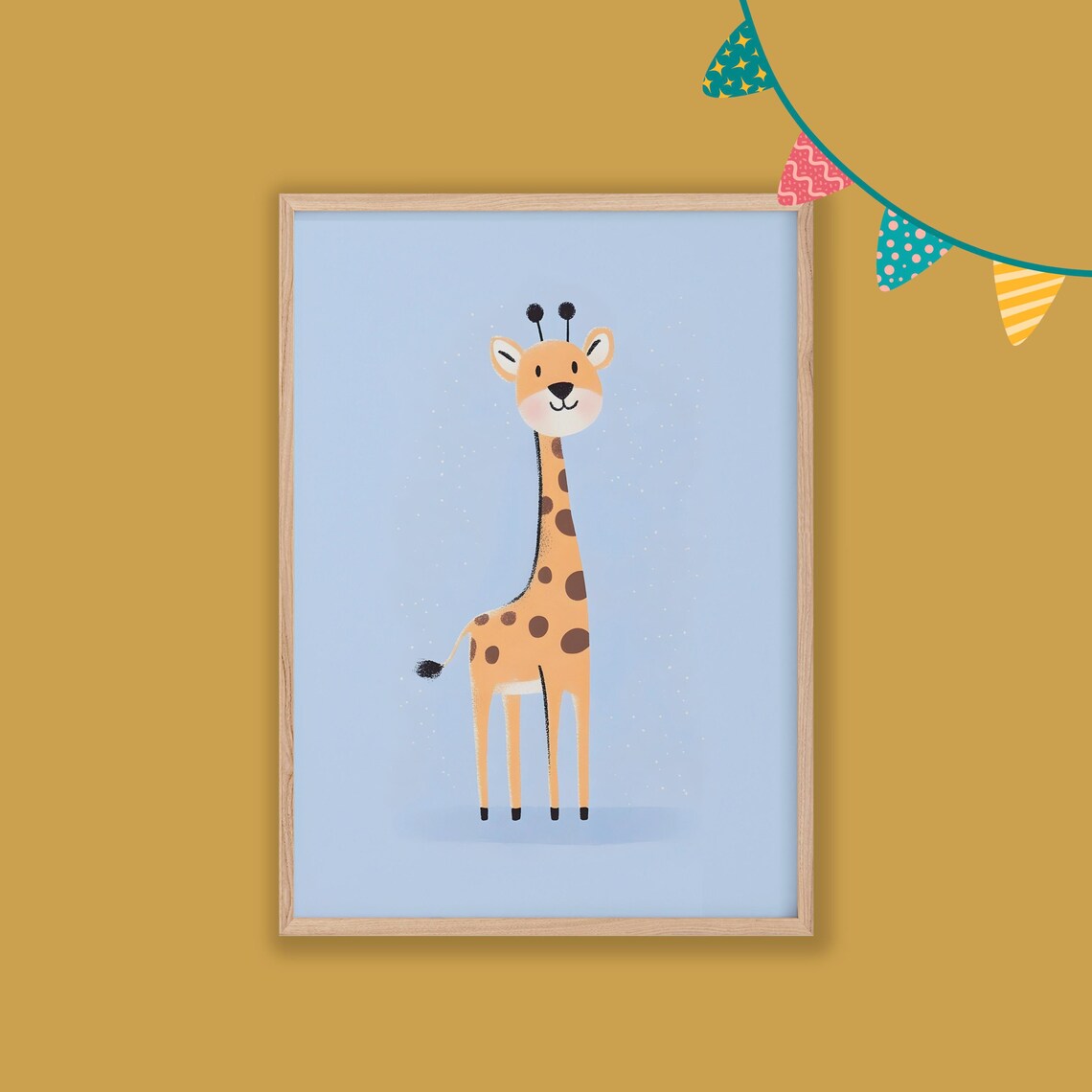 Smiling Cartoon Giraffe Blue Background Kids Nursery Animal Art Poster