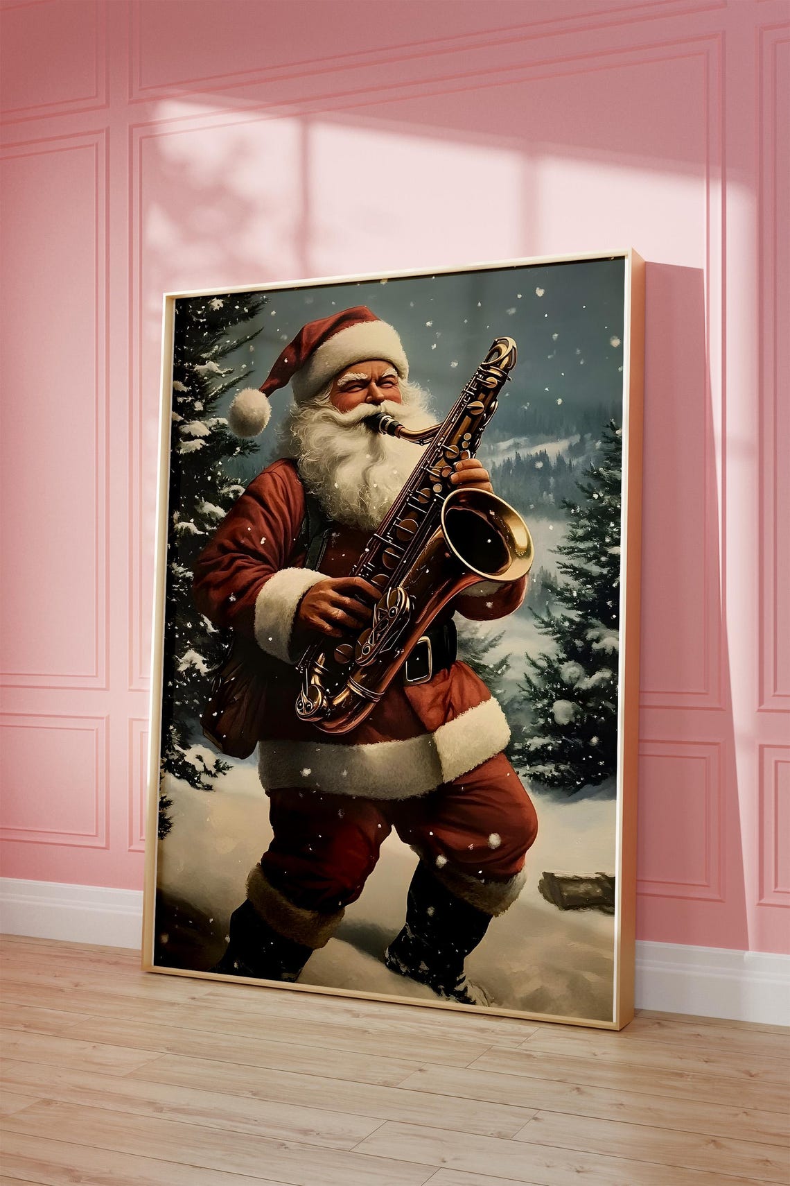 Santa Playing Saxophone In Falling Snow Jazz Christmas Art Poster - Image 3