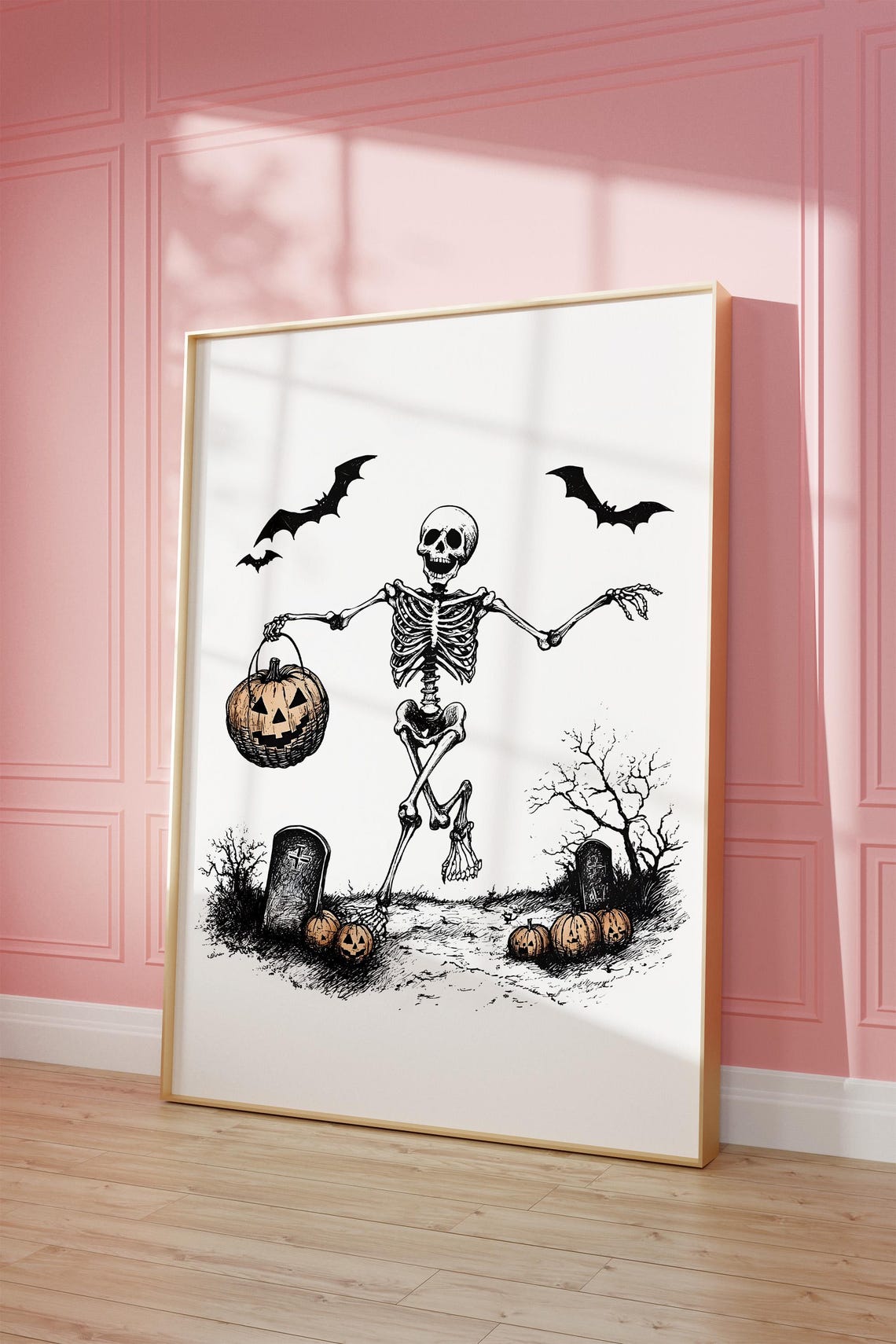Vintage Dancing Skeleton Jack O Lantern Graveyard Halloween Poster - Image 4
