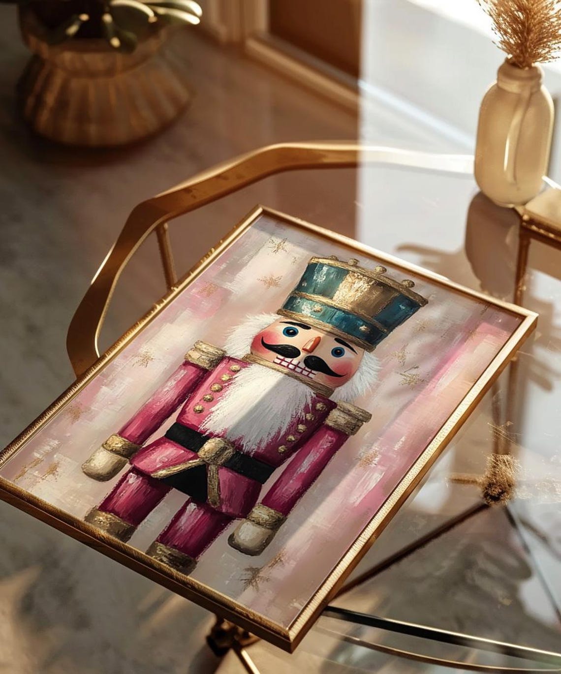 Nutcracker Soldier Pink Vintage Christmas Painted Retro Wall Art - Image 2