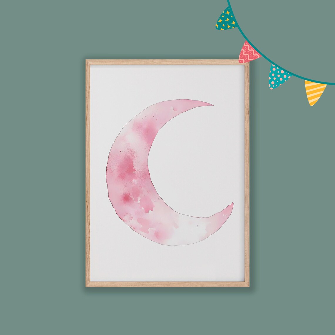 Pink Crescent Moon Watercolor Baby Girl Nursery Room Art Poster