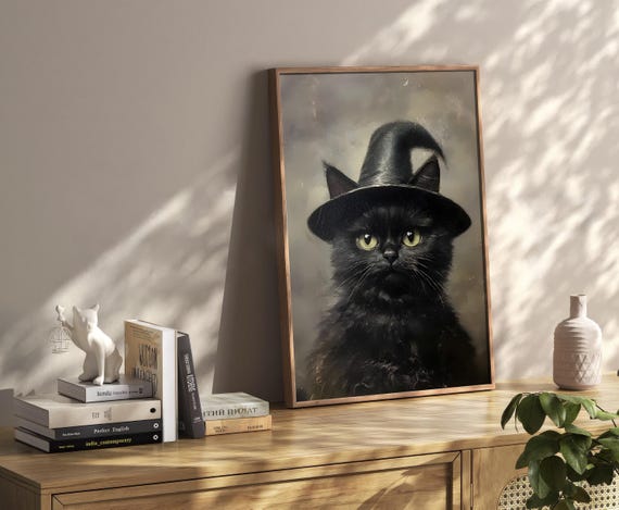 Wizard Cat Halloween Decoration Poster Vintage Dark Academia Print Retro Decor Apartment Moody Wall Art Instant