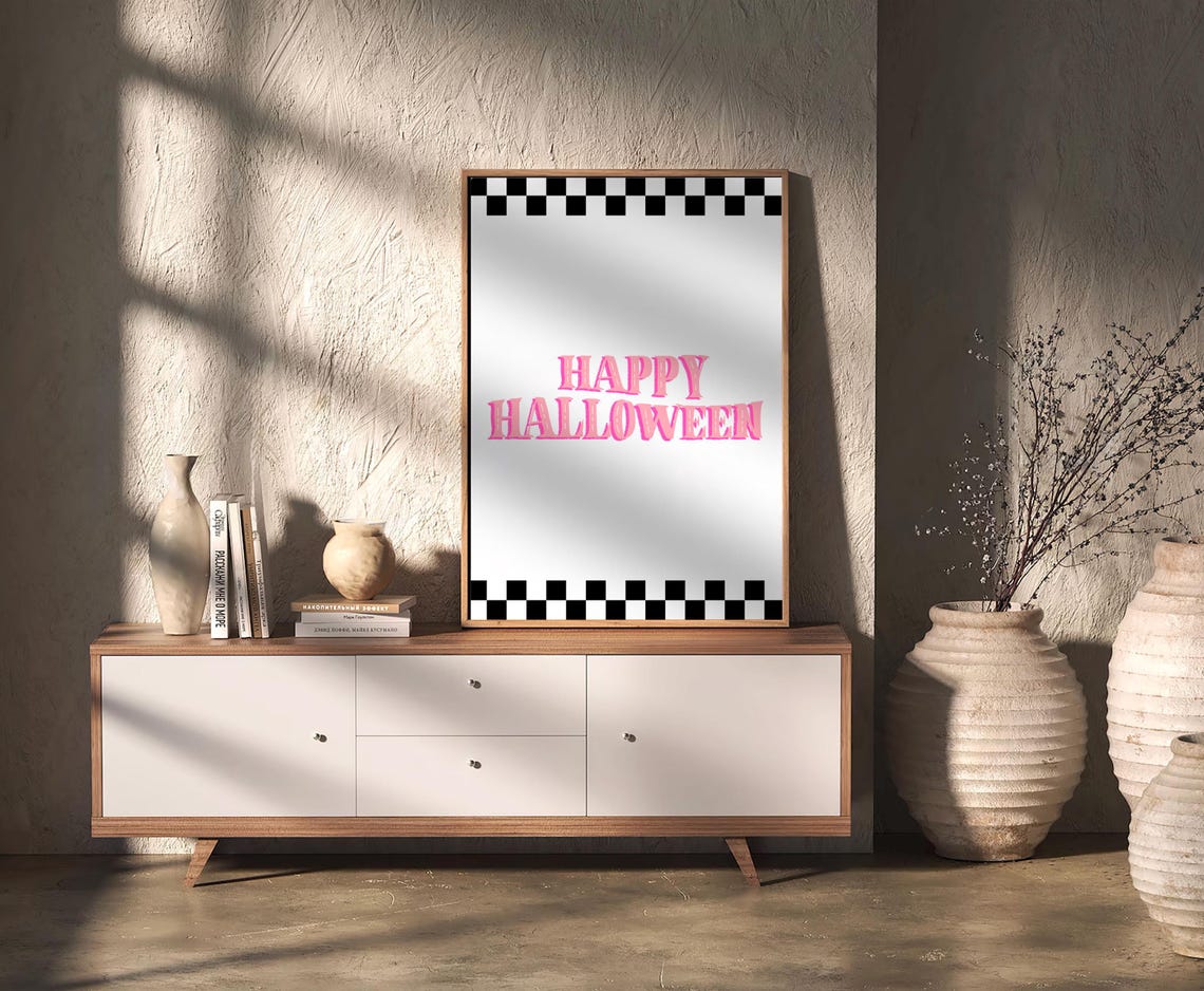 Pink Happy Halloween Checkered Border Cute Retro Typography Poster - Image 2