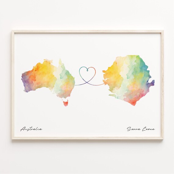 Australia to Sierra Leone Long Distance Watercolor Map Art Print