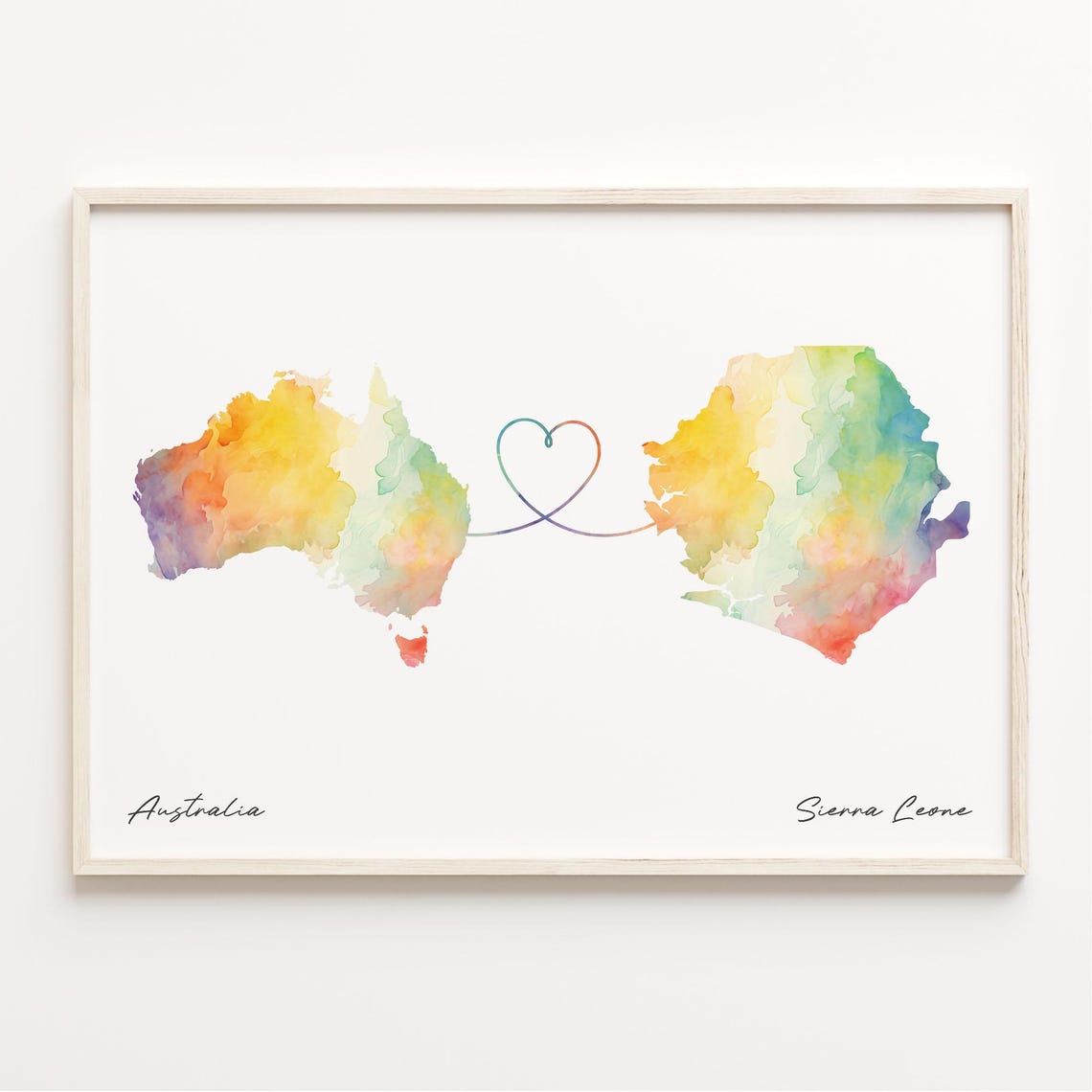 Australia to Sierra Leone Long Distance Watercolor Map Art Print