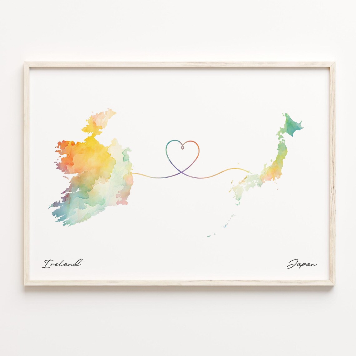 Ireland and Japan Watercolor Map Connected by Heart Line Poster
