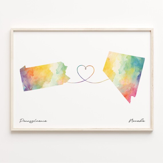 Pennsylvania Nevada Watercolor Heart Map Long Distance Print