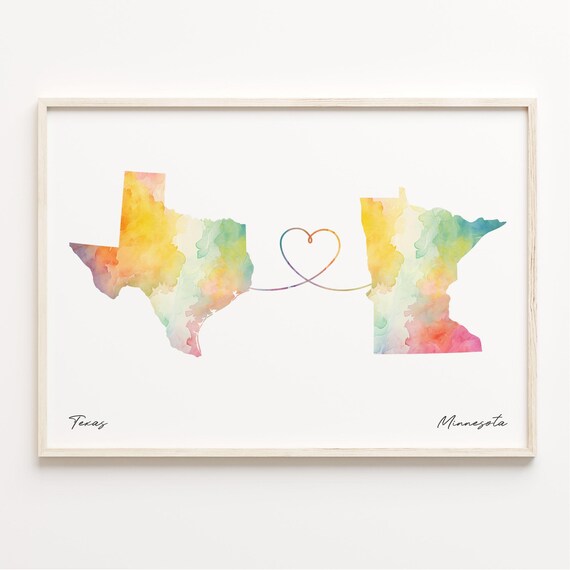 Texas To Minnesota Watercolor Heart Line Long Distance Map Gift Print