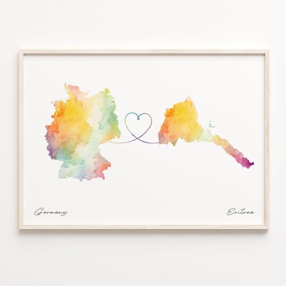 Germany to Eritrea Romantic Watercolor Map Heart Connection Poster