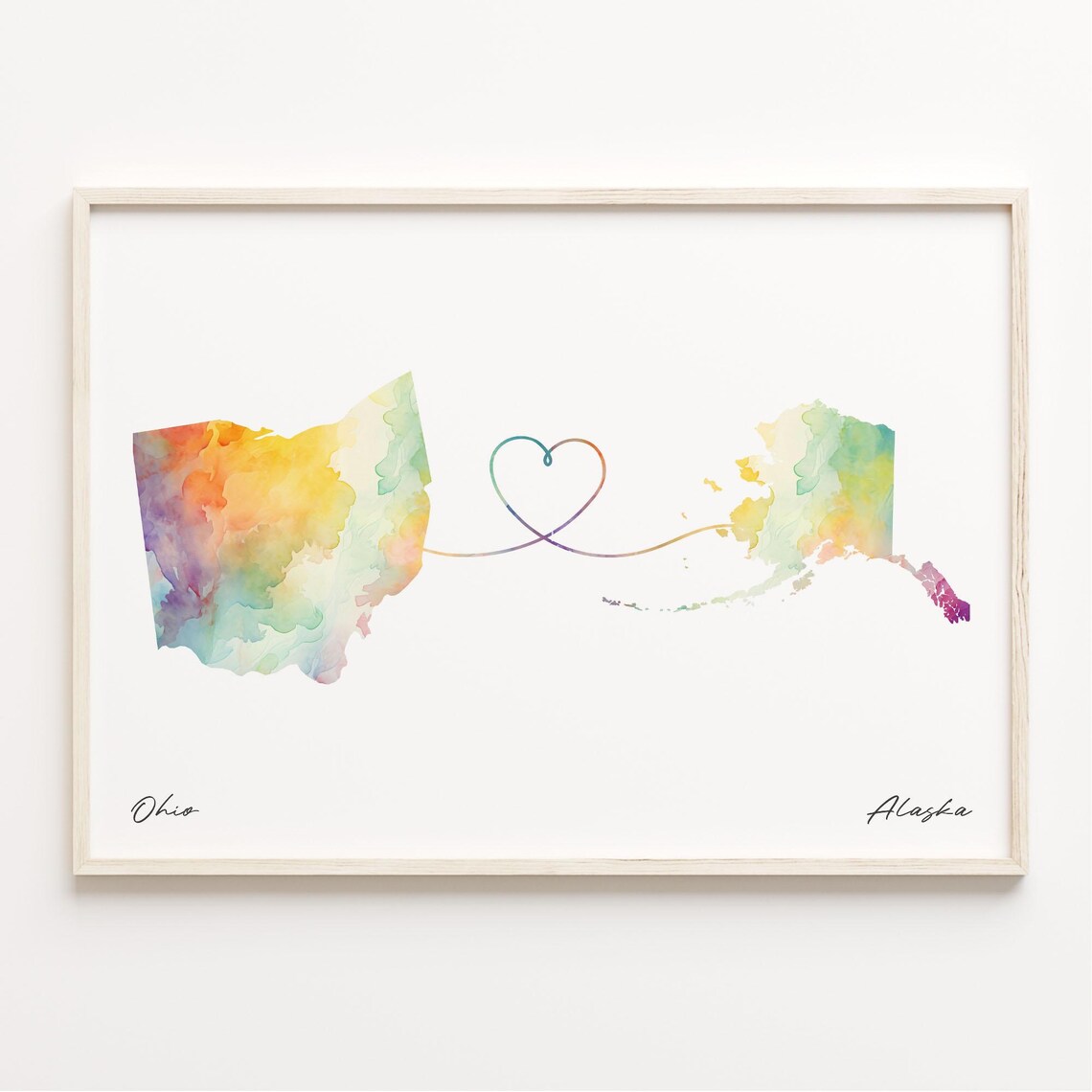 Ohio To Alaska Watercolor State Map Heart Connection Art Poster