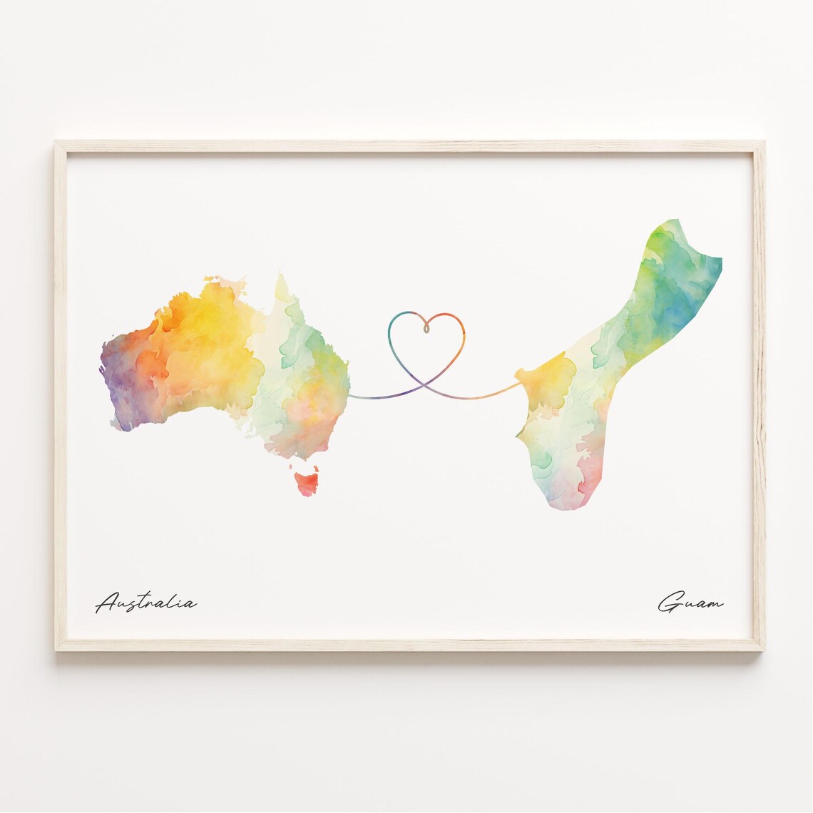 Australia To Guam Watercolor Heart Map Long Distance Love Poster