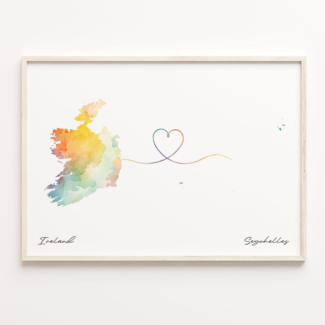 Ireland To Seychelles Watercolor Map Heart Connection Travel Poster